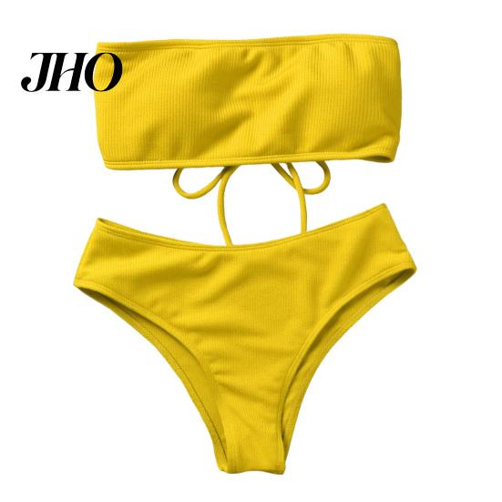 Bikini Set 1 Women Beach Suit with Chest Pad No Underwire Solid Color Elastic Female Bandeau High Waist Bathing Two-piece Swimming Trunks Split