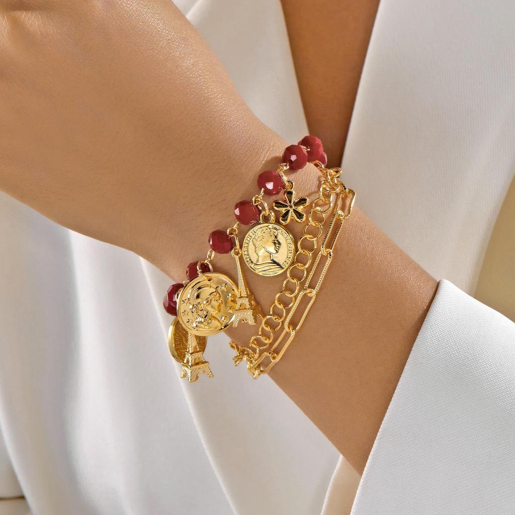 Retro Star Pearl Crystal Multi-Layer Bracelet with Heart & Round Ball Charms