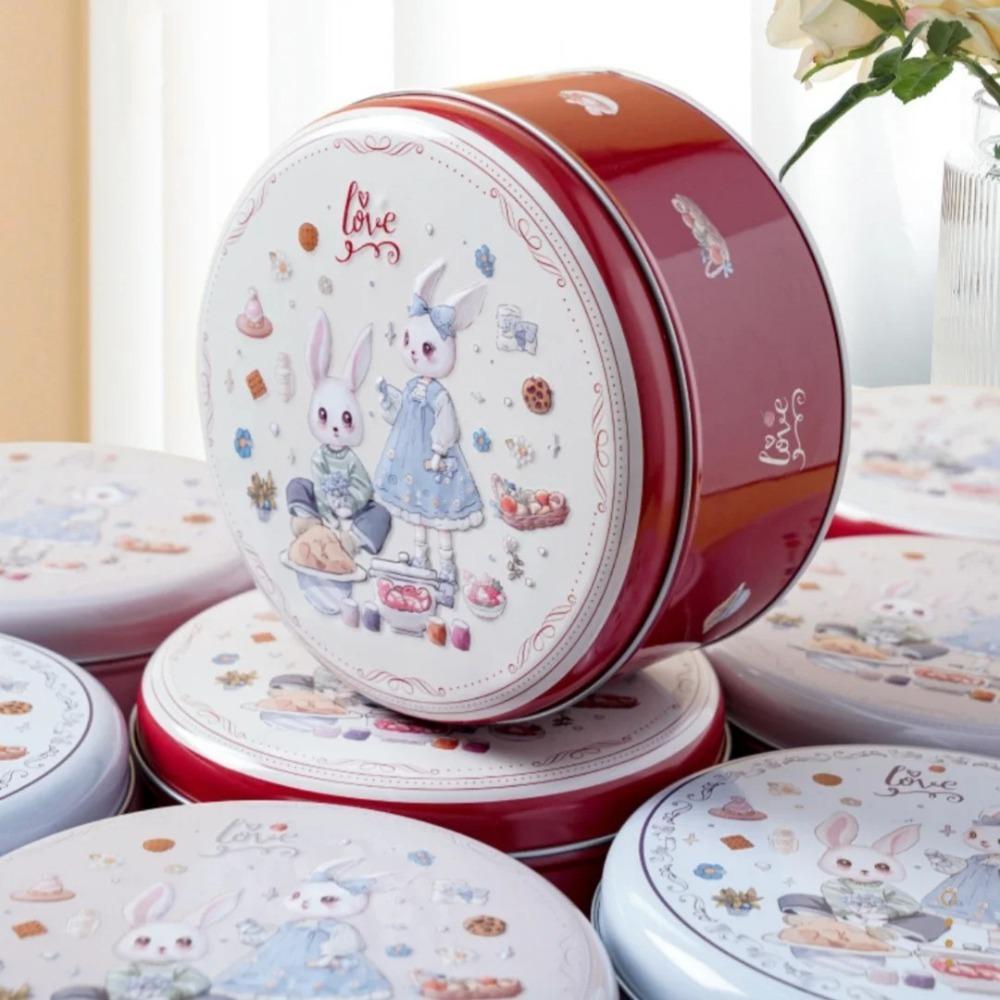Cartoon Rabbit Printed Tinplate Candy Chocolate Boxes Metal Empty Cookie Tin Box Multifunction Round Biscuit Packaging Iron Can