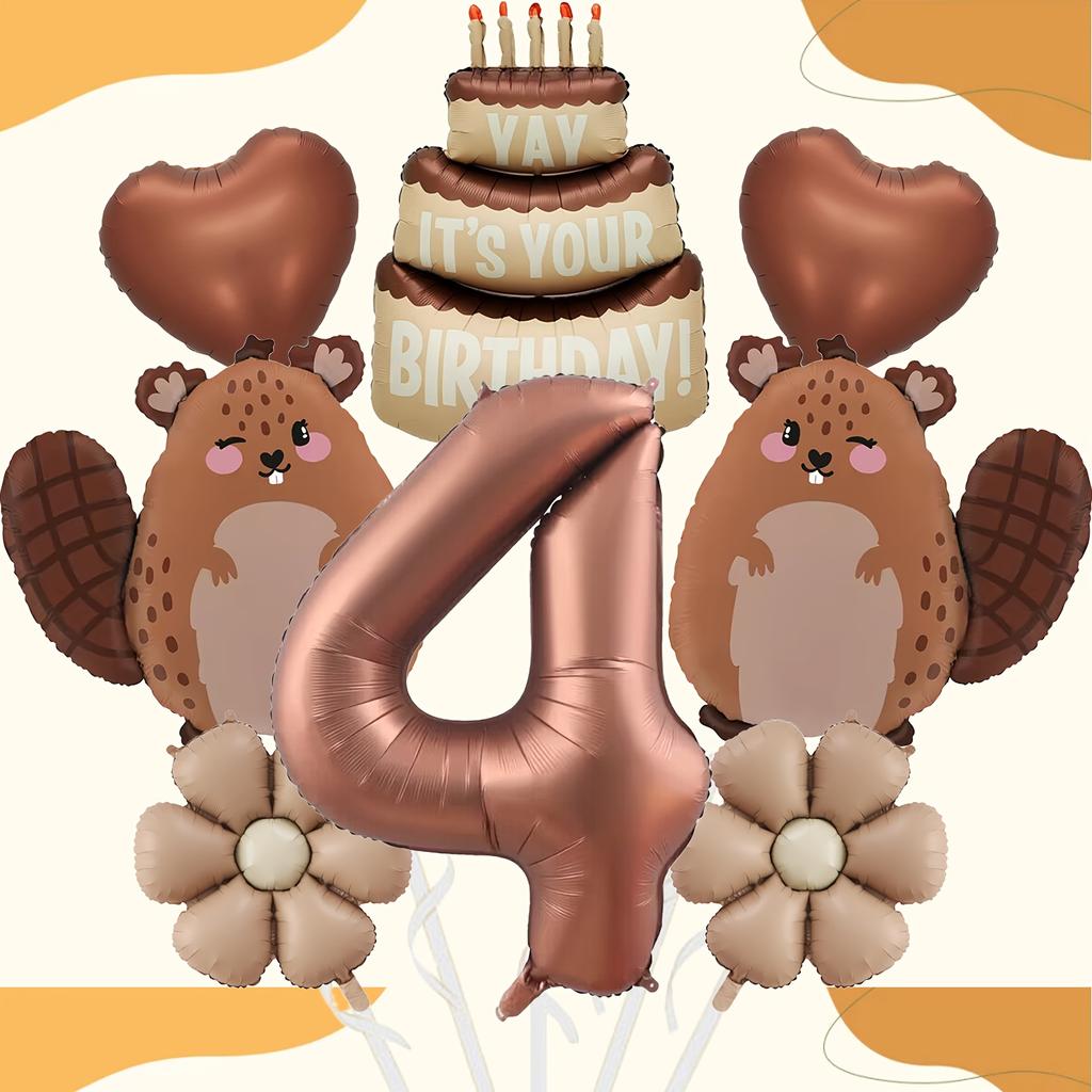 8pcs Cute Beaver Cake Daisy Love Chocolate Number 1-9 Balloon Set Birthday Party Animal Theme Set Baby Shower Globos
