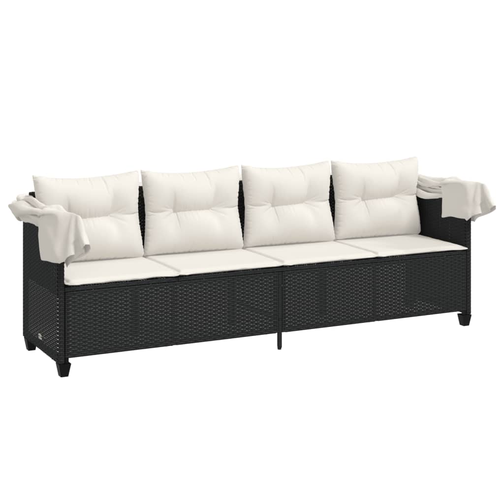 Vidaxl Sun Lounger with Canopy and Cushions, Black, Poly Rattan