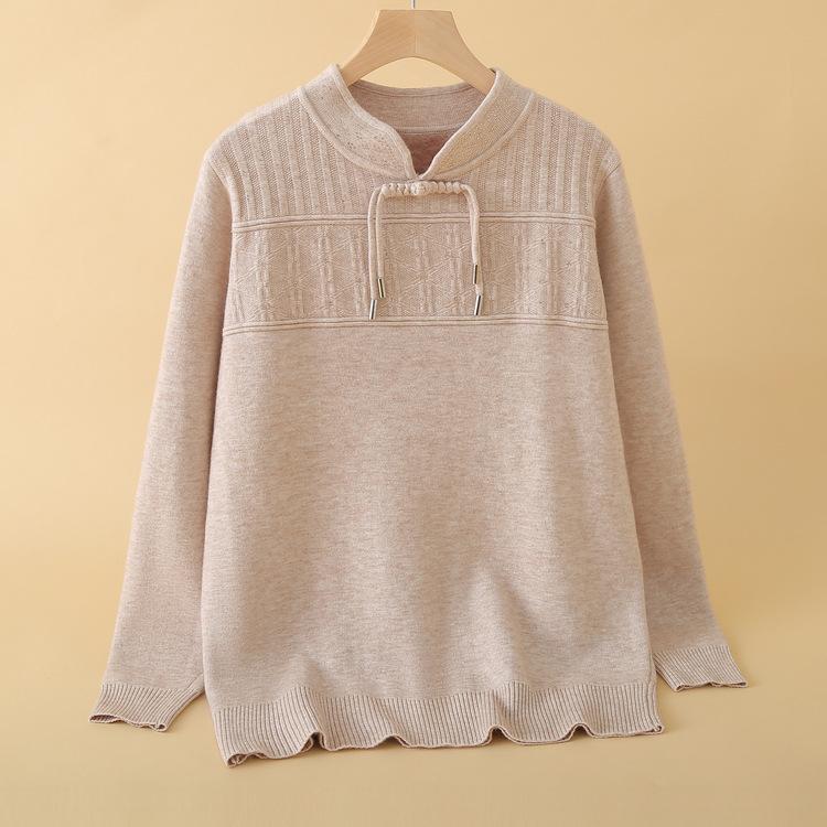 Mom Wear Autumn and Winter Plus Velvet Thickened Sweater New Top Warm Middle-aged and Elderly Women's Winter Knitted Base Shirt