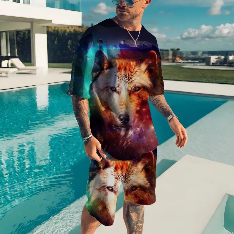 Summer Men's Animal T-shirt Set Printed Animal Pattern Sportswear Set Fashion Sweatshirt T-shirt Two Piece Set