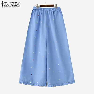 Women Casual Elastic Waist Loose Polka Dot Print Cropped Pants
