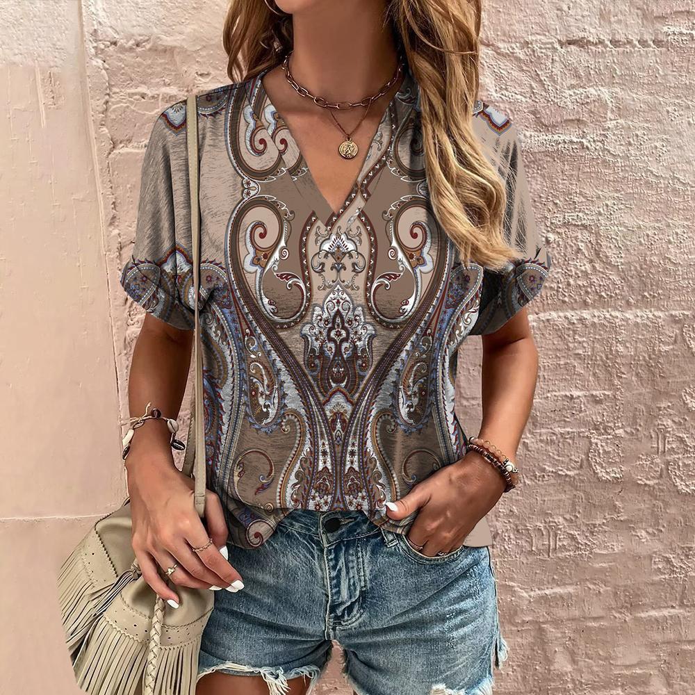 Summer Retro Women's T-Shirt Ethnic Print Short Sleeve Fashion V-Neck Tee Shirt Casual Harajuku T Shirt For Ladies Streetwear