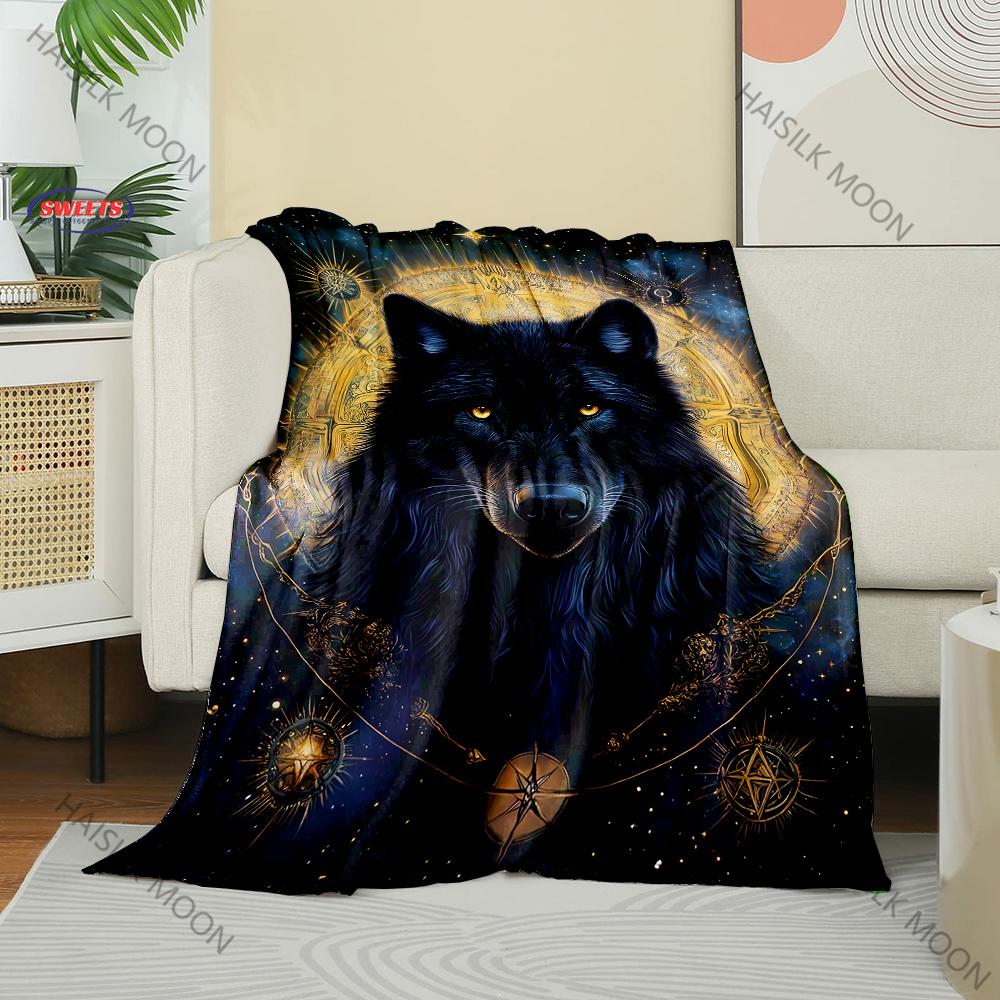 6 Sizes Mysterious Black Wolf Wolf Totem Print Flannel Blanket for Son Husband Dad,Super Soft Fluffy Bedroom Sofa Office Blanket