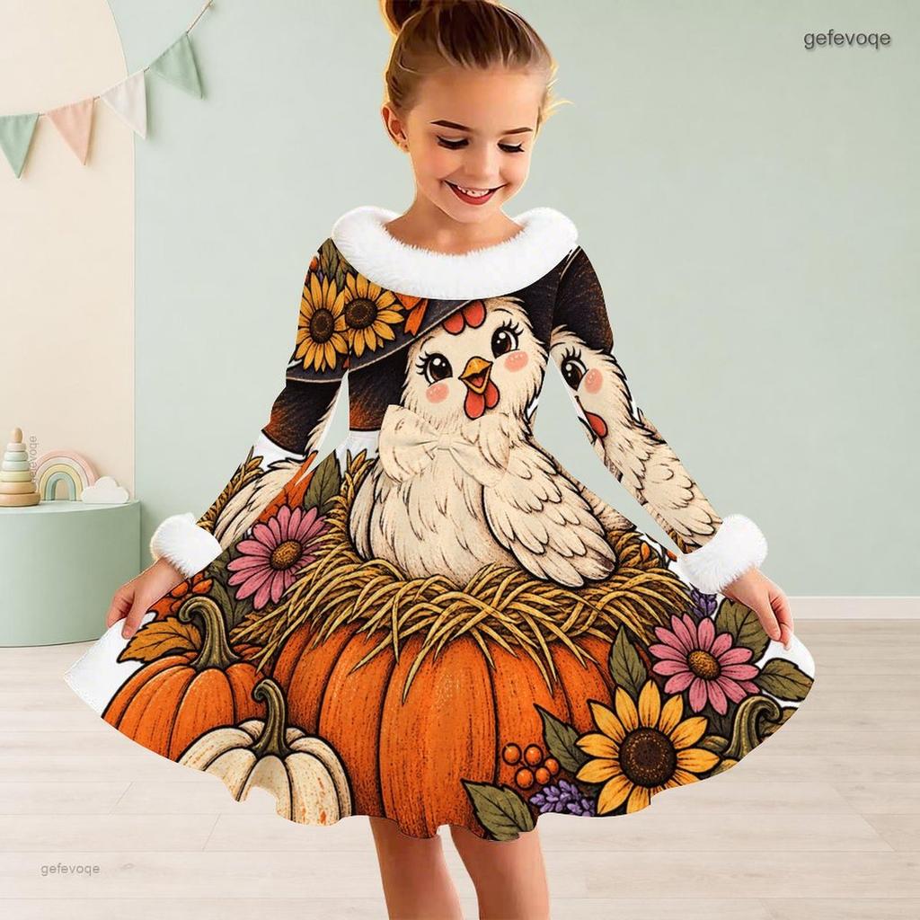 Girls Furry Trim High Neck Long Sleeve A Line Flared Hem Ghost Pumpkin Floral Printed Dress