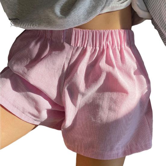 Women Summer Shorts Striped Print High Elastic Waist Retro Loose Above Knee Length Casual Sport Homewear Short Pants
