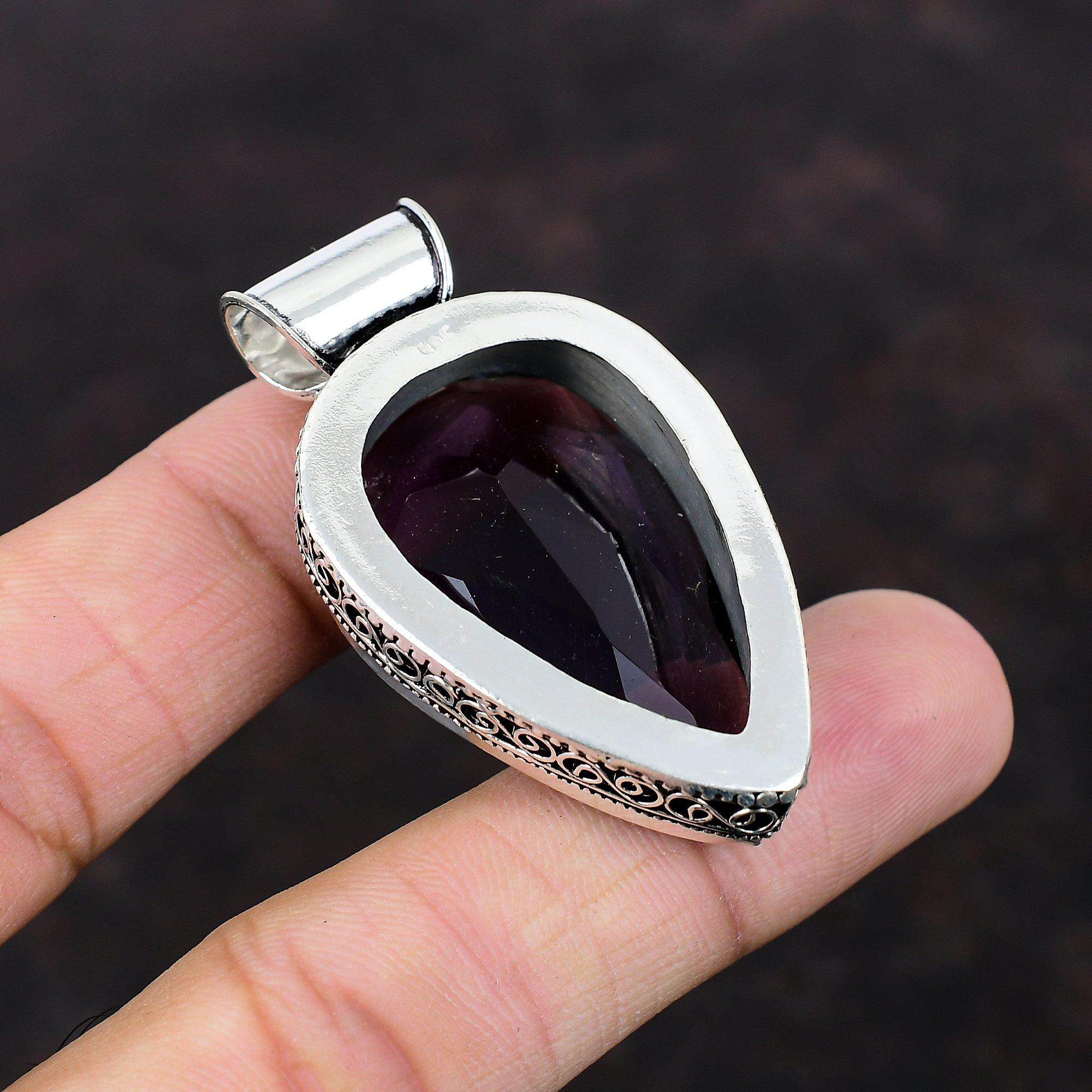 Pendentif Améthyste Africaine En Poire - Fait Main En Inde - Argenté Plaqué - 70 Carats - Neuf Sans Emballage