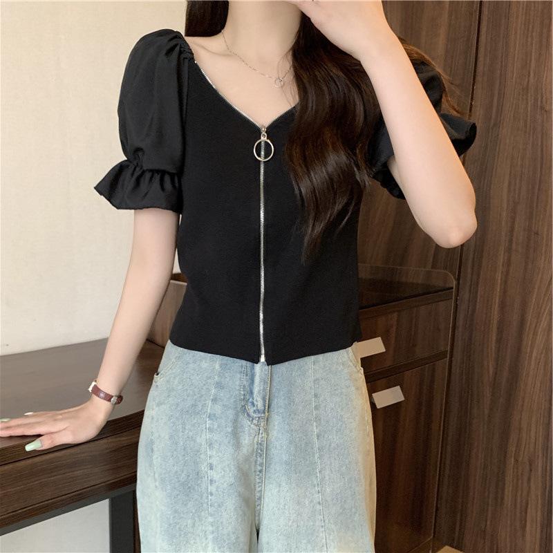 High-waisted Short Navel V-neck Bubble Sleeve Zipper Versatile Tops Design Sense Niche Tight Sexy Short-sleeved Summer Casual Slim Fit Pullovers Tees
