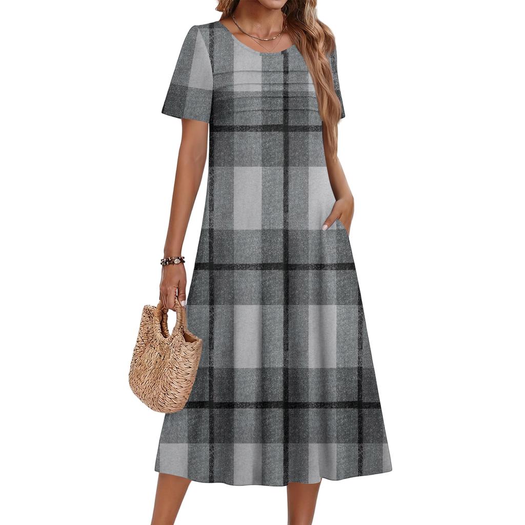 Ladies' Plaid Printed Casual And Fashionable Short Sleeved Round Neck Dress