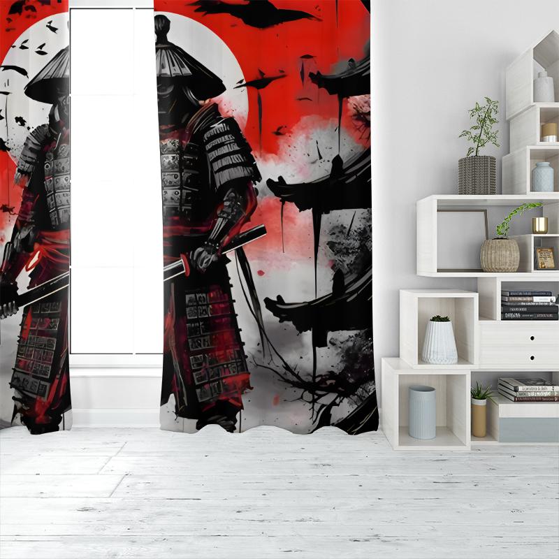 2pcs- Ukiyo-e Samurai Polyester Curtains, Pole Bag Curtains 42*84, Bedroom, Living Room, Home Room Decoration