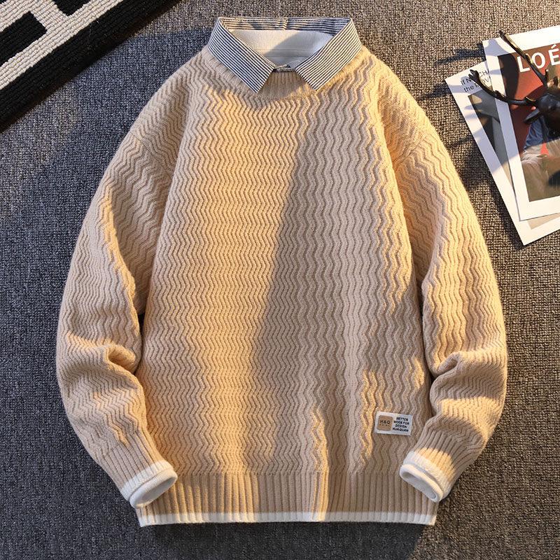 2024 Men's Autumn/Winter Loose Knit Sweater with Shirt Collar, Plus Velvet Two-Piece Look