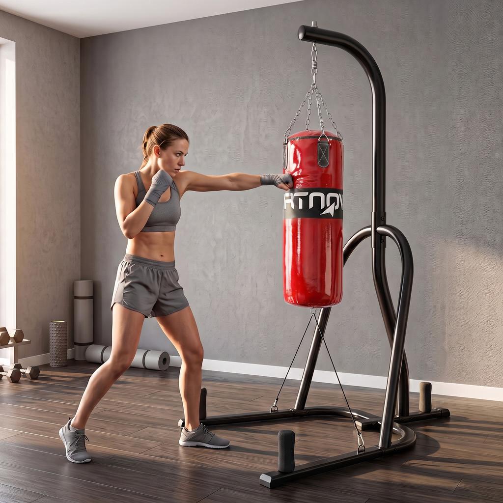 Punching Bag with Stand for Adults, Freestanding Boxing Stand with Heavy Bag and Weight Plate Storage, Red