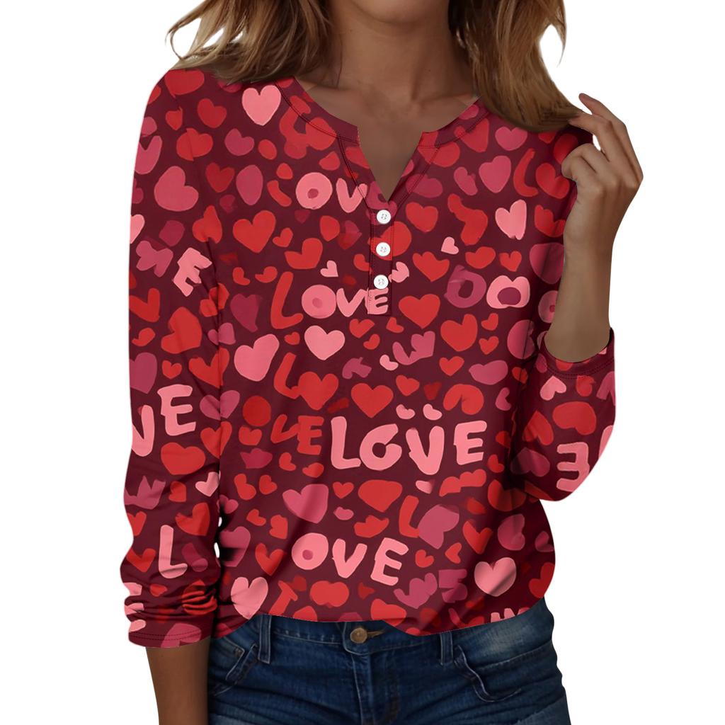 Damen T-Shirt mit Weihnachtsdruck, Knopfleiste, lange Ärmel, für den Alltag, Wochenende, modisch, Basic, V-Ausschnitt, normales Oberteil