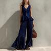 Women V Neck Sleeveless Top with Wide Leg Pants Ruffle Hem Tie Waist