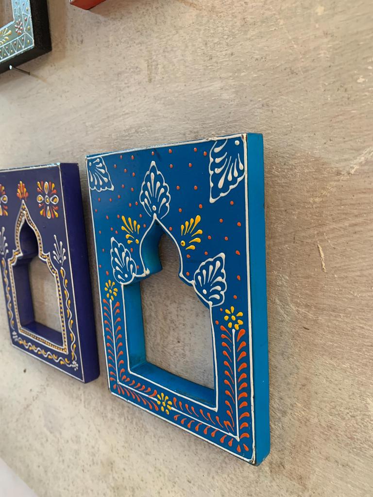 Hand-Carved Wooden Mehrab Wall Frame: Rajasthani Painted Jharokha (Set of 4)