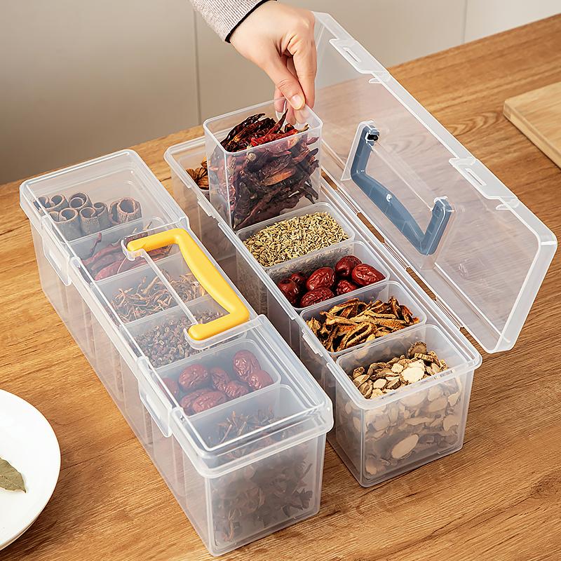 Transparent Plastic Food Storage Box With 6 Compartment Sealed Jar Moisture-proof Spice Container Kitchen Storage Organization