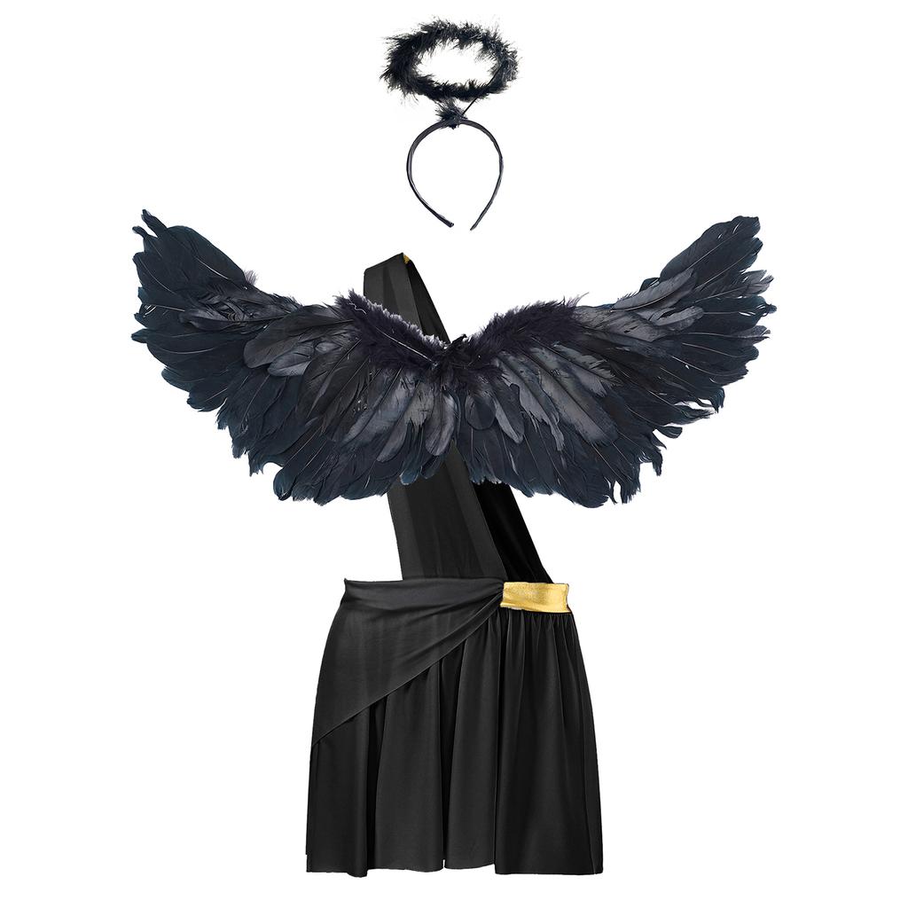 Mens Halloween Angel Costume One Shoulder Strap Ruffle Skirt Feather Angel Wings Hair Hoop Set