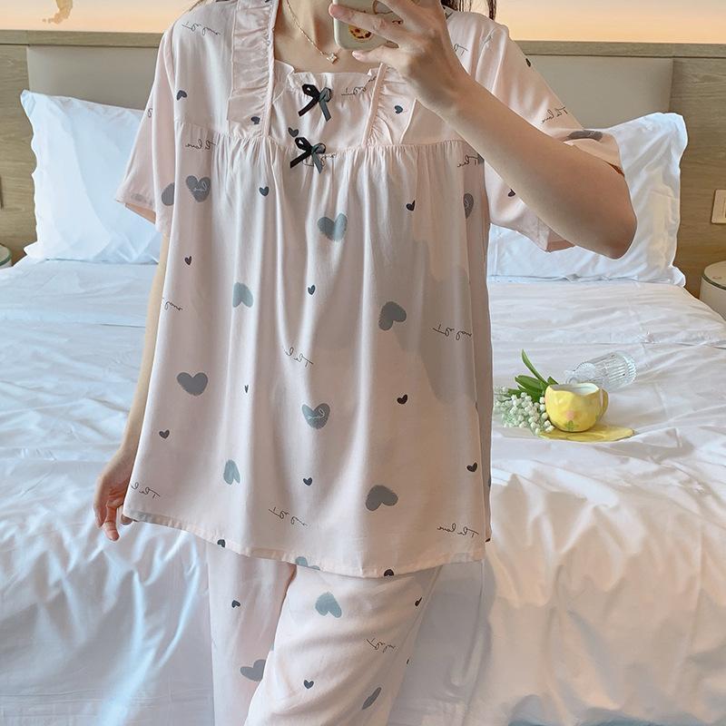 Summer New Printed Cotton Pajamas for Women, Sweet and Cute Short-sleeve Casual Girls' Loungewear, Suitable for Outerwear In Spring and Autumn