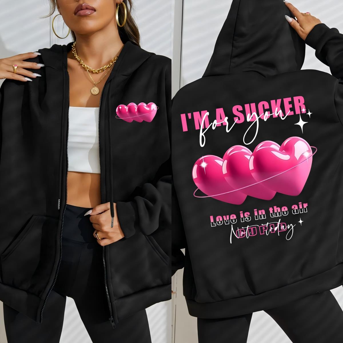 

Любовь в воздухе Розовые принты сердечек Женское худи на молнии Повседневная удобная спортивная одежда Корейская толстовка Осенняя одежда S