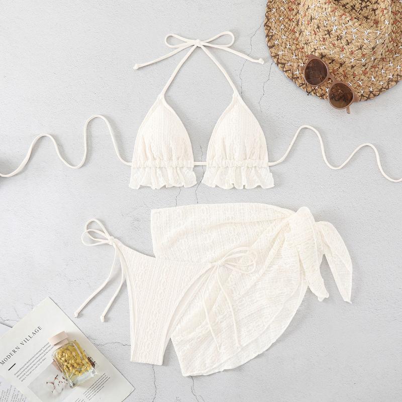 Women's 3 Piece Ruffle Halter Bikini Set Textured Triangle Top Lace Crochet Cover Up Skirt Sexy Summer Beach Hot Spring Bathing Suit Swimwear