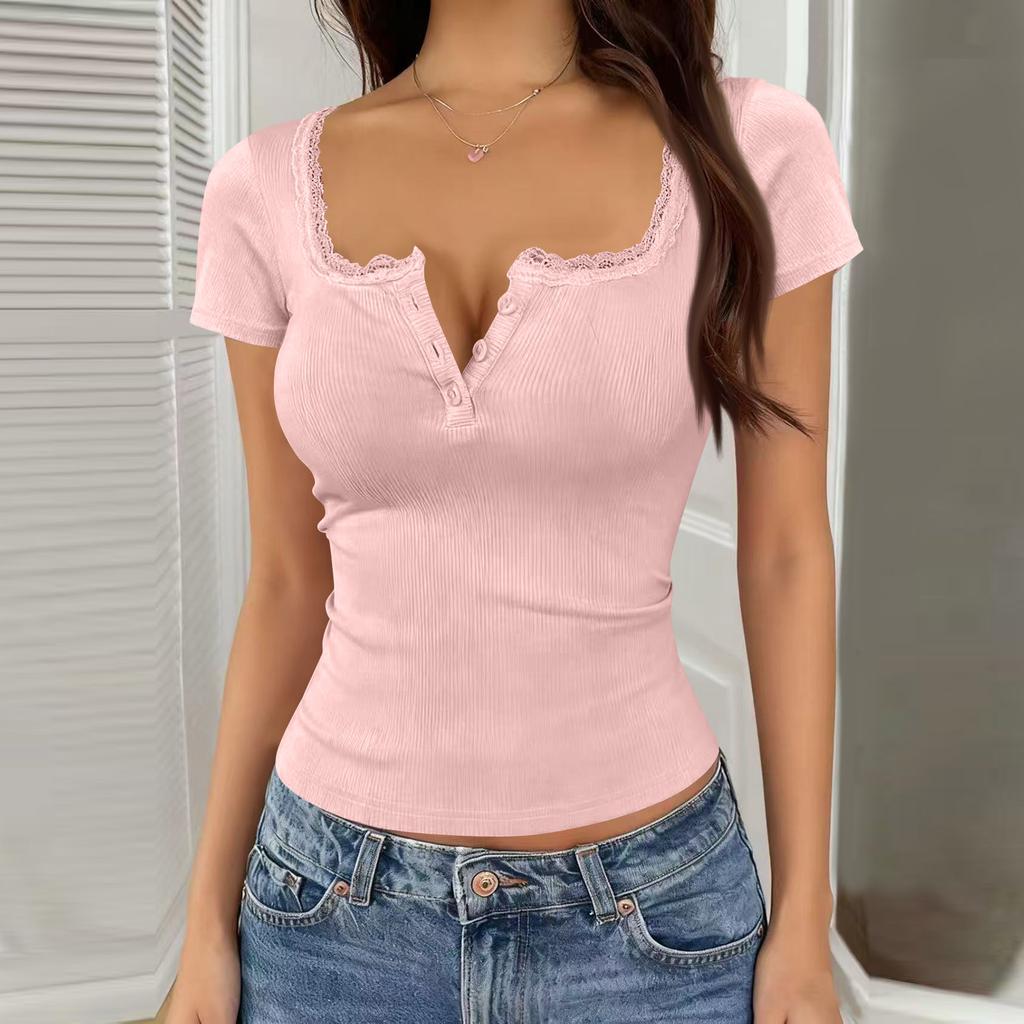 Women's Spring And Summer Lace Button V-neck Fashion Short Sleeve Top