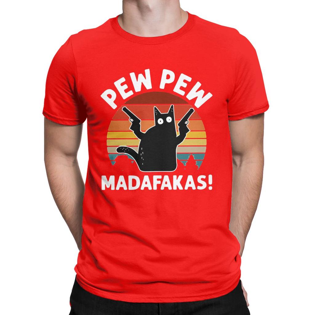 Men Vintage Retro Black Cat Pew Pew Madafakas T Shirt Pure Cotton Clothes Funny Short Sleeve Tee Shirt Gift Idea T-Shirts