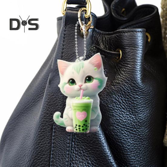Mléčný čaj Kočka závěsná dekorace s korálkovým řetízkem Oboustranný akrylový 2D kreslený koťátko Cartoon přívěsek zpětné zrcátko