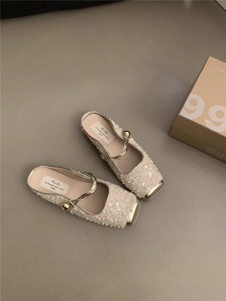 French sequined silver bag head half slippers women's 2025 spring and summer Xiaoxiangfeng Korean version temperament Mary Jane single shoes women's