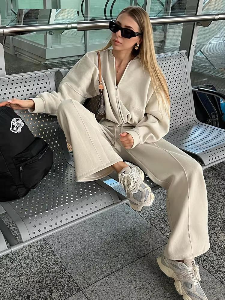 Autumn Women's Thick Hoodie Coat + Drawstring High Waist Loose Casual Pants Set Lined Fleece Woman's Clothing Street