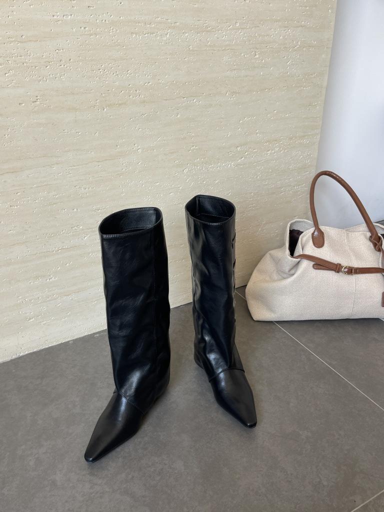 Niche Design Edition~ French Spice Girls Pointed High Heel Pants Boots Women's Retro Belt Buckle Long Wedge Heel Knight Boots