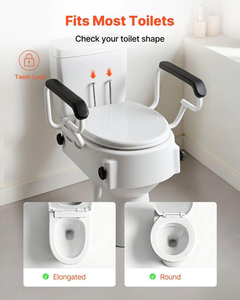 Raised Toilet Seat with Arms, 136.1 kg Load Capacity, 3-Level Adjustable Height, Widened Commode Elevated Toilet Seat Riser with Padded Handles for