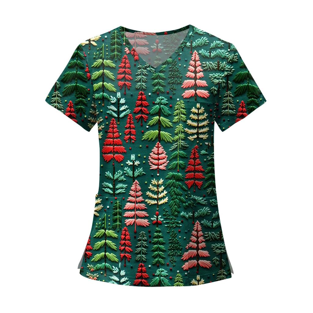 Women's Fashion Printed Short Sleeve V Neck Pattern Tops Pocket Working T-shirts