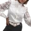 Camisa de Manga Comprida com Recortes Top Feminino de Botão Único Blusa com Patchwork de Renda para o Escritório