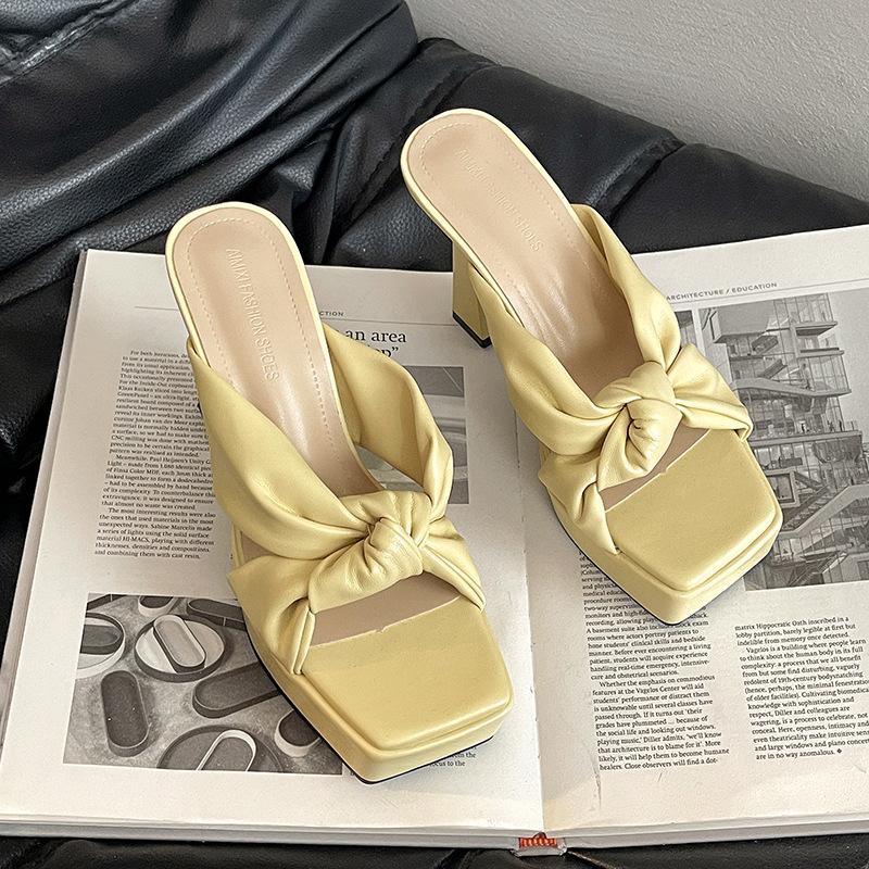 Fashion Temperament Bow Women's Thick Heel One-word Slippers Summer Retro Height Increase and Thin High Heel Cool Slippers