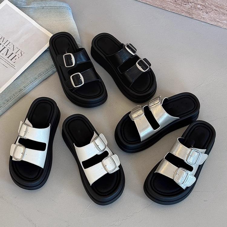 Platform slippers women's summer wear new belt buckle open-toed casual beach shoes muffin bottom one-word sandals