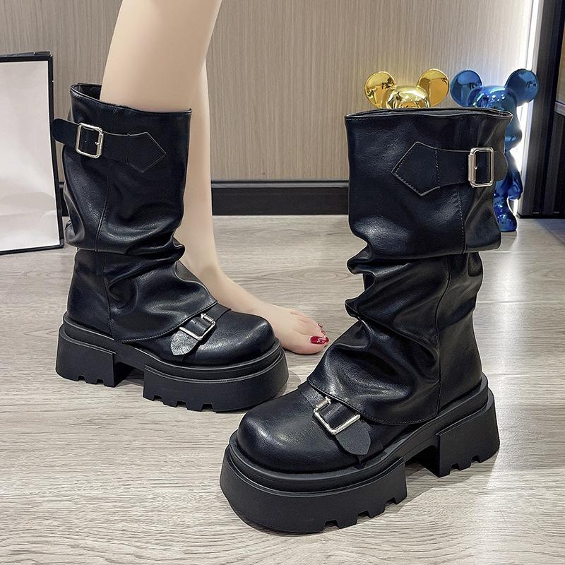 2025 new autumn platform heightening Martin boots retro brown Maillard stacking boots medium tube pants tube boots women's shoes