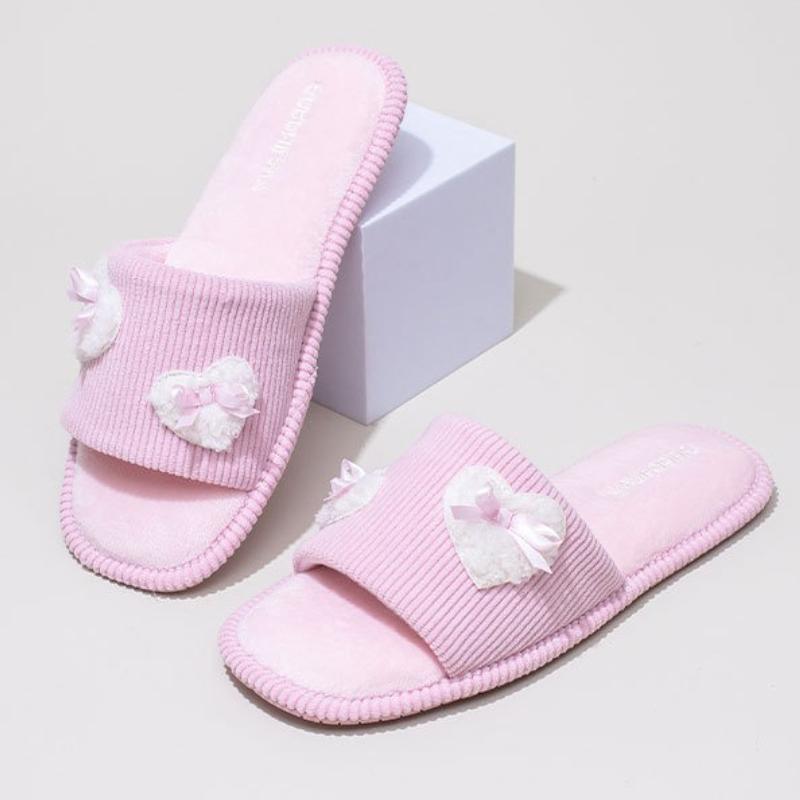 Fashion Sweet Pink Bow Decorate Home Slippers Women Fashion Plush Heart Design Brand Bedroom Slipper Cozy Non-slip Winter Cotton Slipper