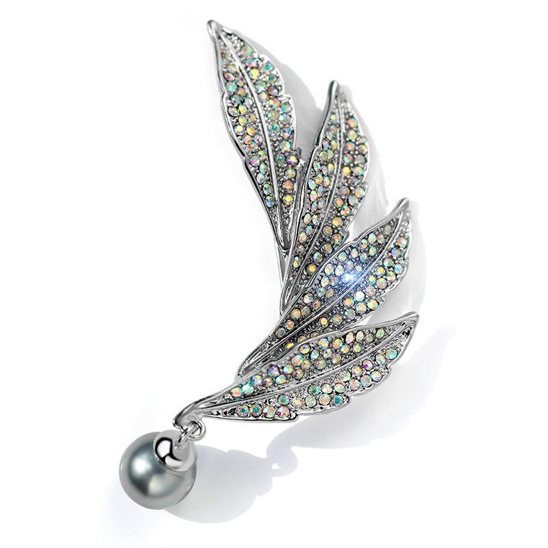 Rhinestone  Imitation Pearl Leaf Brooch Pin for Suit Jacket