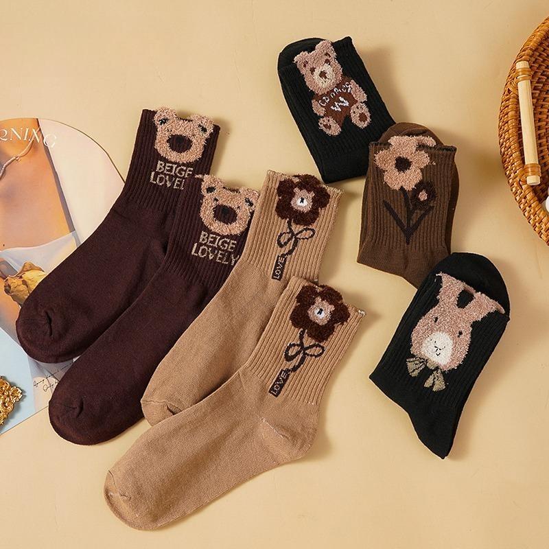 Bear Socks Women's Mid-tube Plush Socks for Outer Wear Cute Ins Trendy All-match Long Socks Autumn and Winter Socks