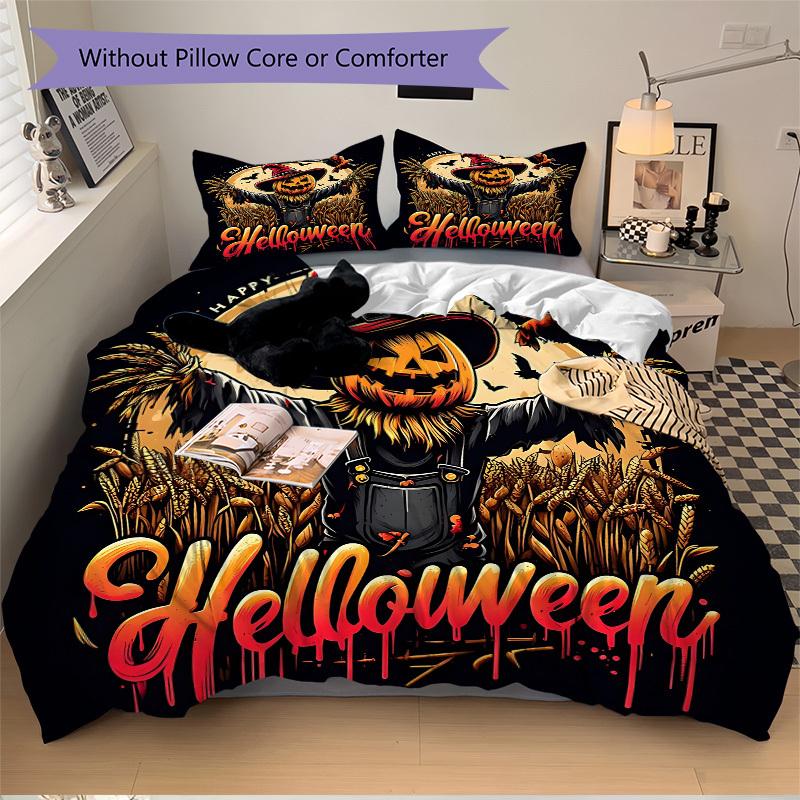 3pc Halloween Scarecrow Cover Set - 1 Quilt Cover + 2 Pillowcases, All Seasons Bedroom Setting, Perfect for Home058