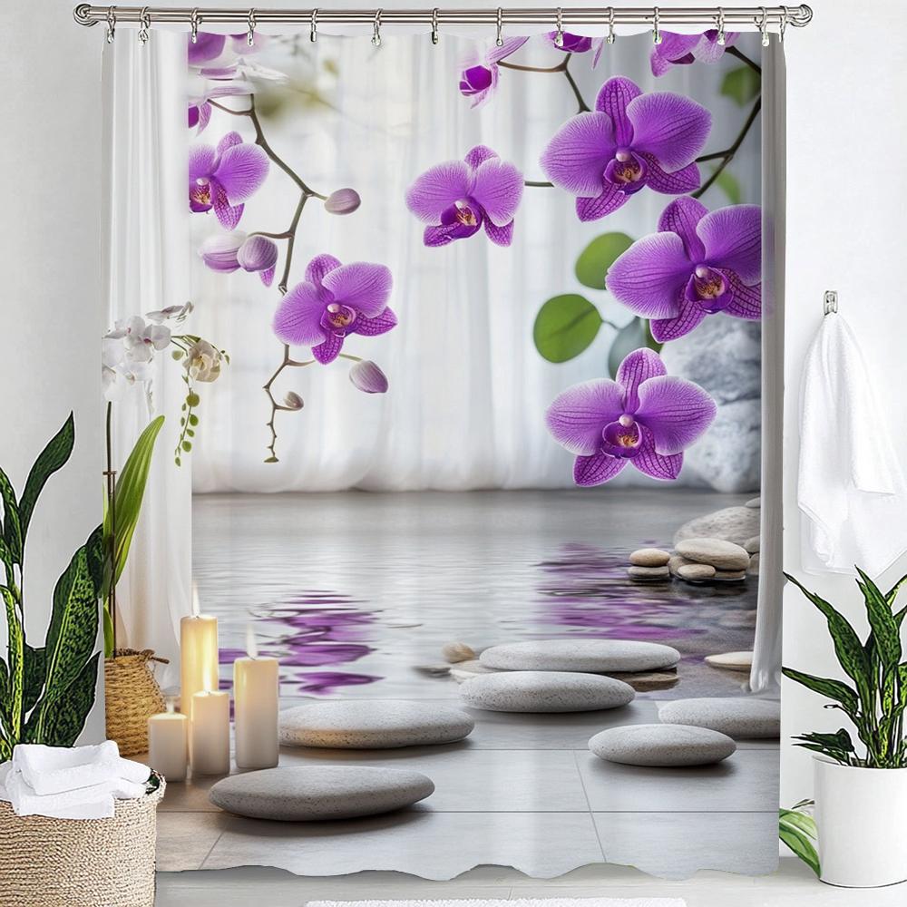 Zasłona prysznicowa Ogród Zen, Kamień, Kwiat, Spa, Japońska Medytacja Łazienka Dekoracyjna Zasłona Prysznicowa, Wodoodporna Zasłona Prysznicowa