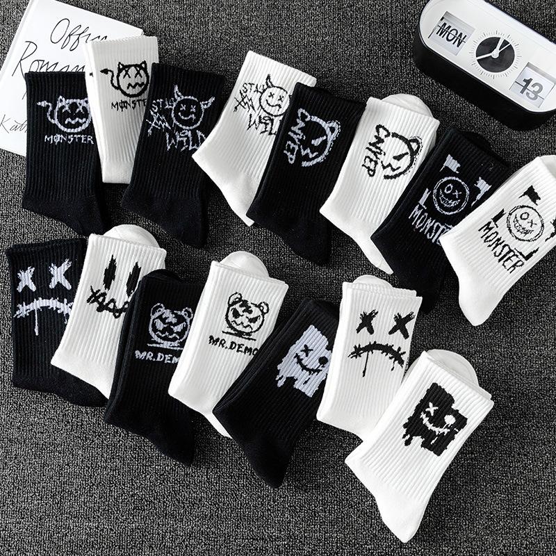 Grimace Large Size Women's Sports Socks Black and White Basketball Stockings Autumn and Winter Men's Medium Tube Socks