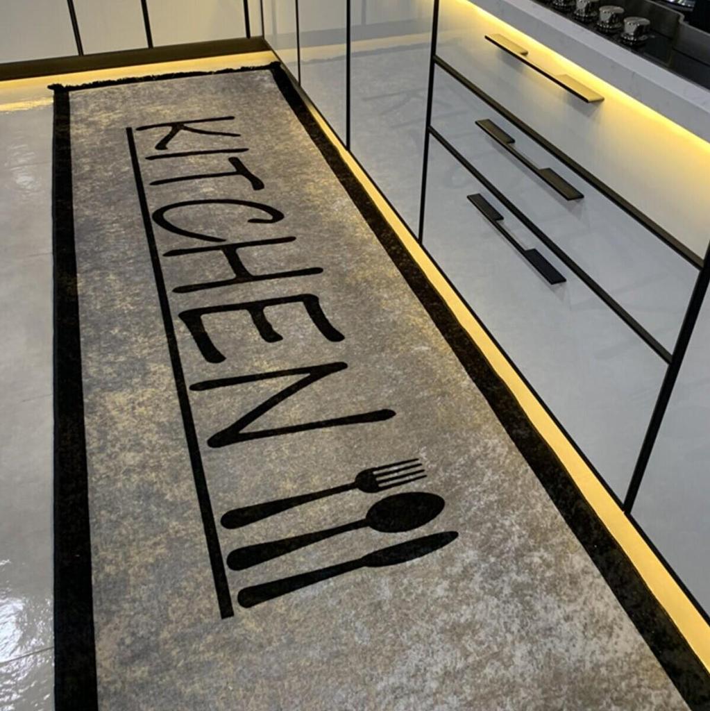 Latex Leather Base Fringed Digital Printed Modern Kitchen Mat Home, Decoration Floor Carpet ,Anti-Slip Long Rug, Gray and Brown