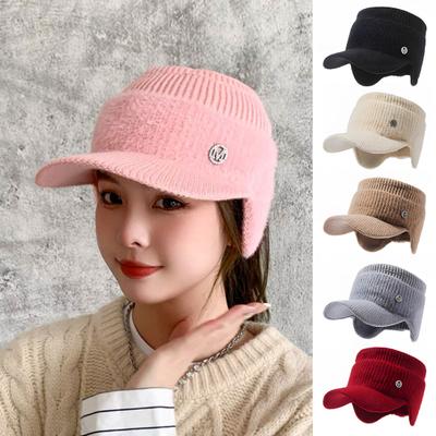 Wintermütze für Damen, Strickmütze mit langer Krempe, dick, winddicht, leere Oberseite, Ohrenschutz, warm halten, elastische Outdoor-Kappe, Outdoor-Schirmmütze
