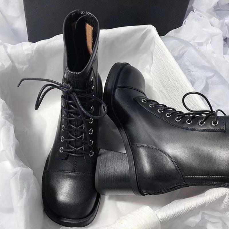 Fashion Women's Coarse Heel Fashion Rear Zipper Ankle Boots Round Head Lace-up Short Boots Women Temperament Soft Sole Boots Botas Mujer