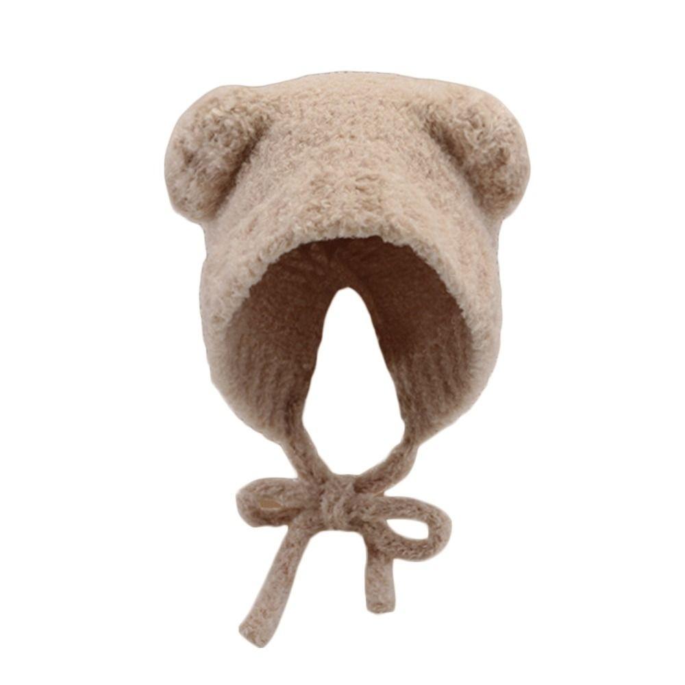 Lace-up Ear Protection Hat Warm Plush Beanie Cap Cute Bear Ears Knit Hat Cold Weather