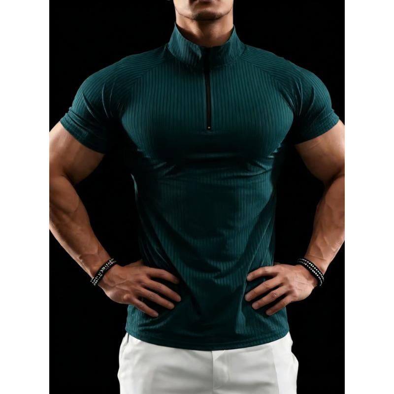Men European Size Slim Fit Summer Half Zip Short Sleeve Ribbed Polo Shirt
