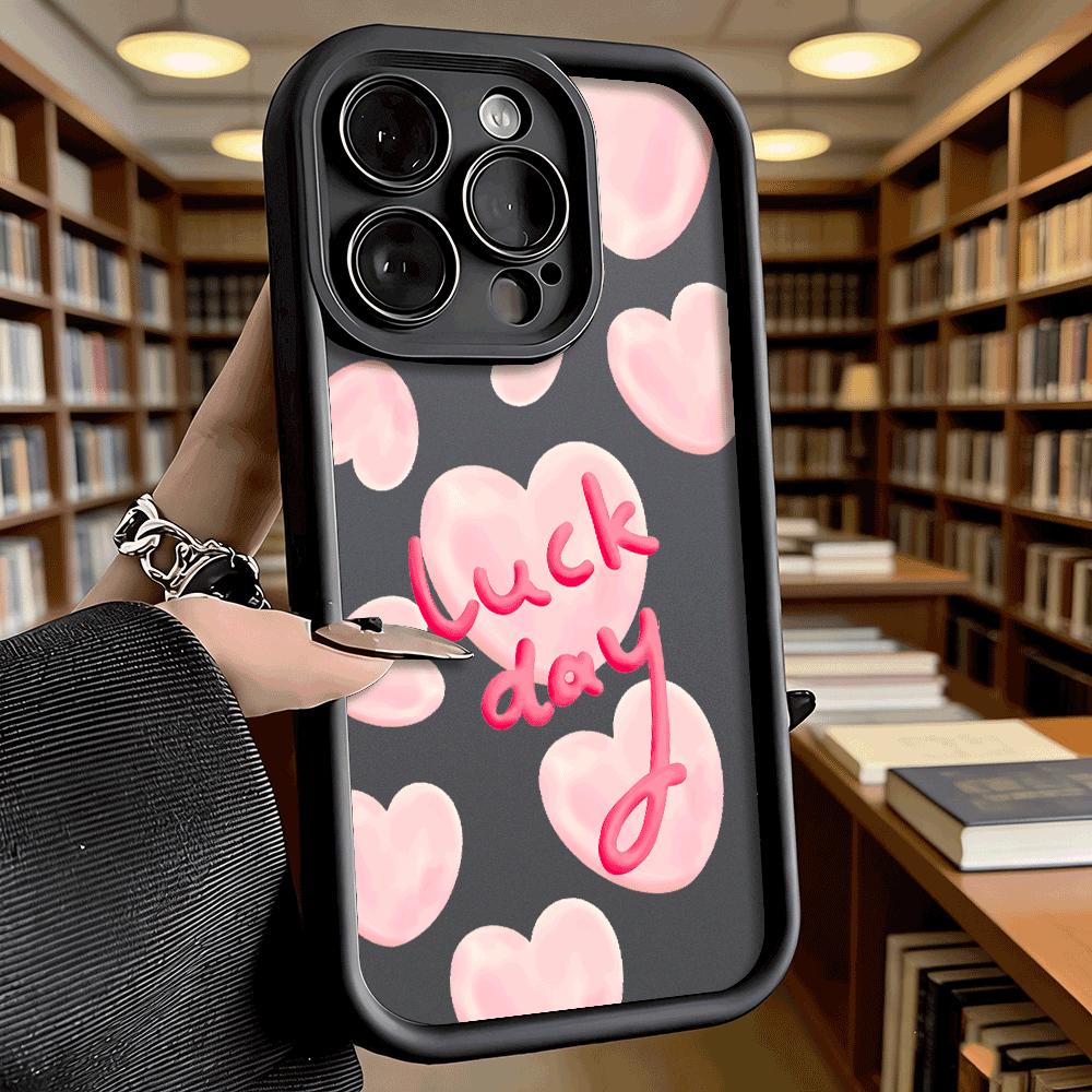 Pink Hearts with 'Luck day' Text Phone Case for iPhone 17 16 15 14 13 12 11 Pro Max Plus Anti Scratch, Gel Flexible Protective